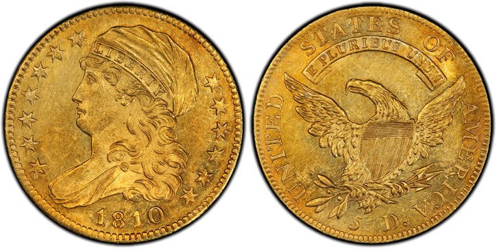 1810 Capped Bust Left Half Eagle. BD-2. Small Date, Small 5.  MS-62 (PCGS).